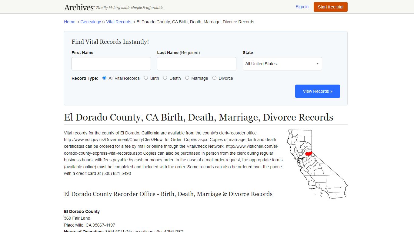 El Dorado County, CA Birth, Death, Marriage, Divorce Records