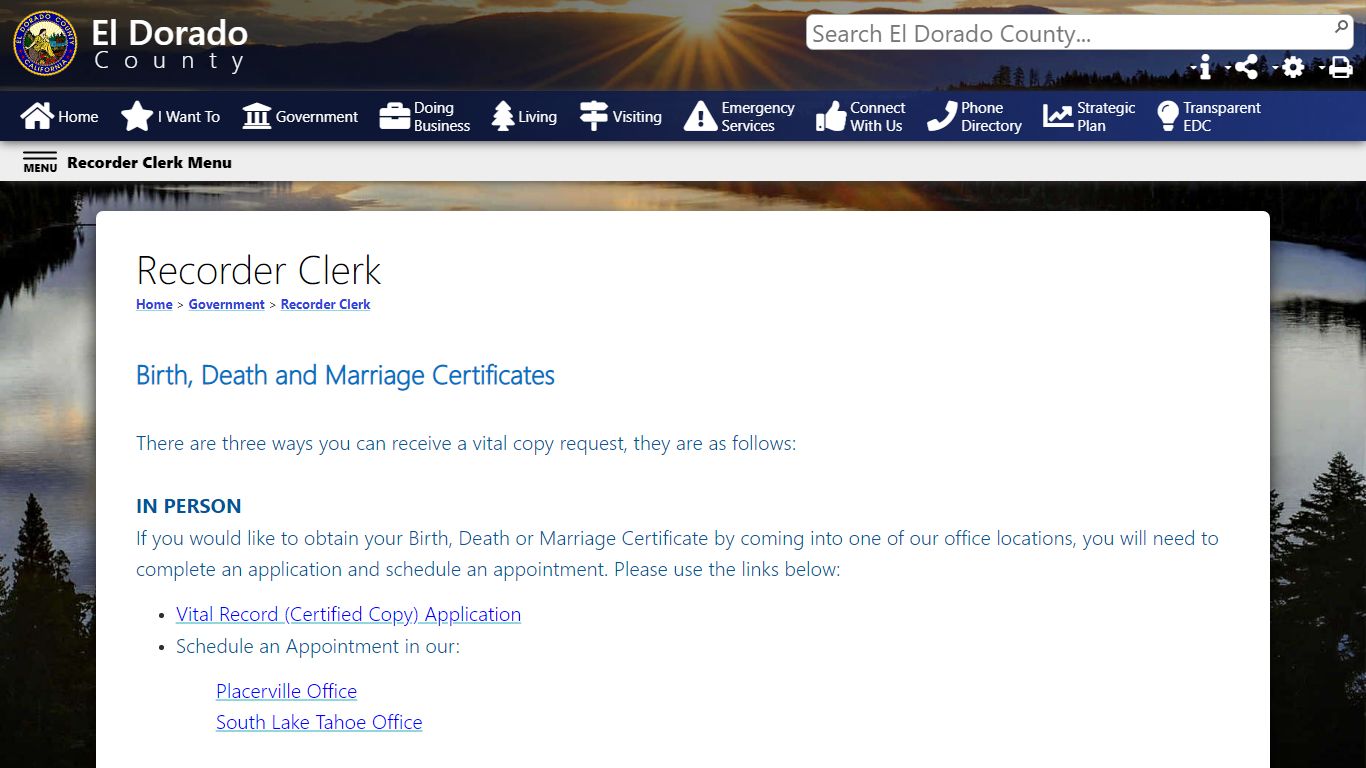 Birth, Death and Marriage Certificates - El Dorado County